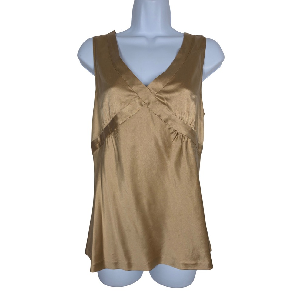Theory Delphine Gold V-Neck Tank Top Satin Silk Blend Empire Waist Womens M